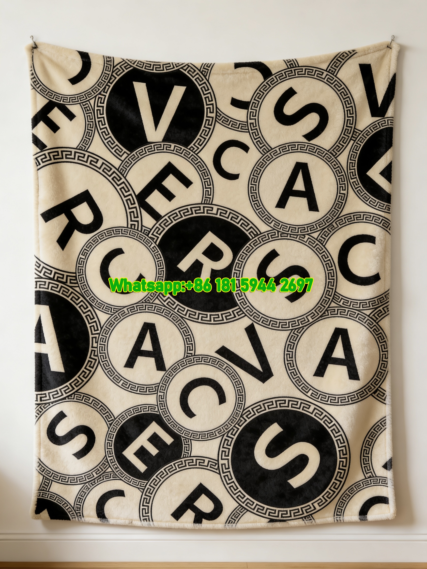 Versace Beige Black Greek Key Monogram Print Flannel Sofa Throw Blanket IMG_1432